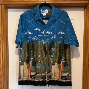 Men's Blue Hawaiian Surfboard Print Button-Down Shirt Size Large